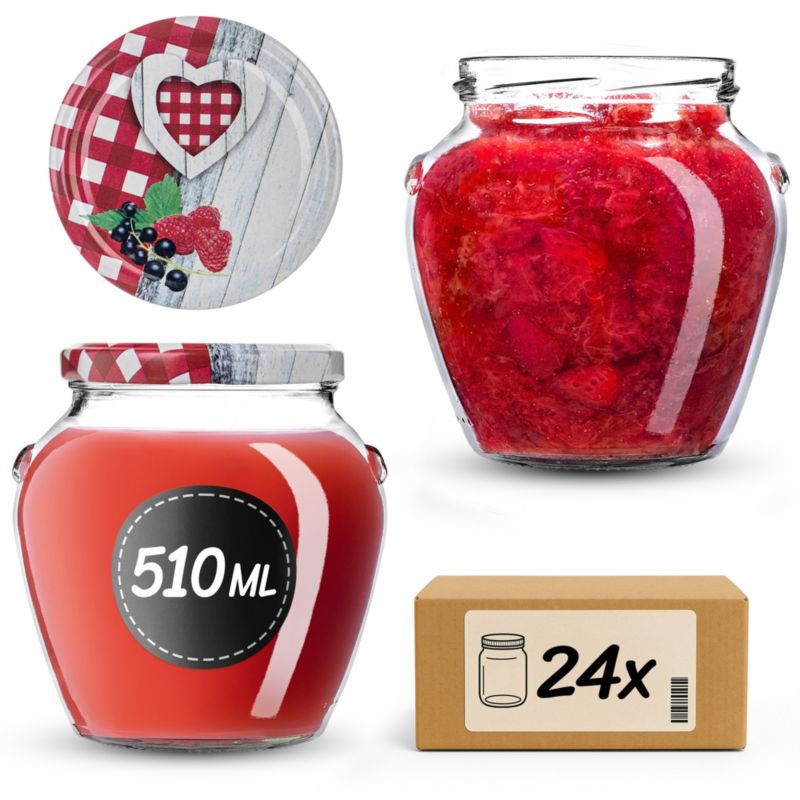 Słoiki KADAX na przetwory 510ml + wieczka "Krata z sercem" 82 mm 24 szt.