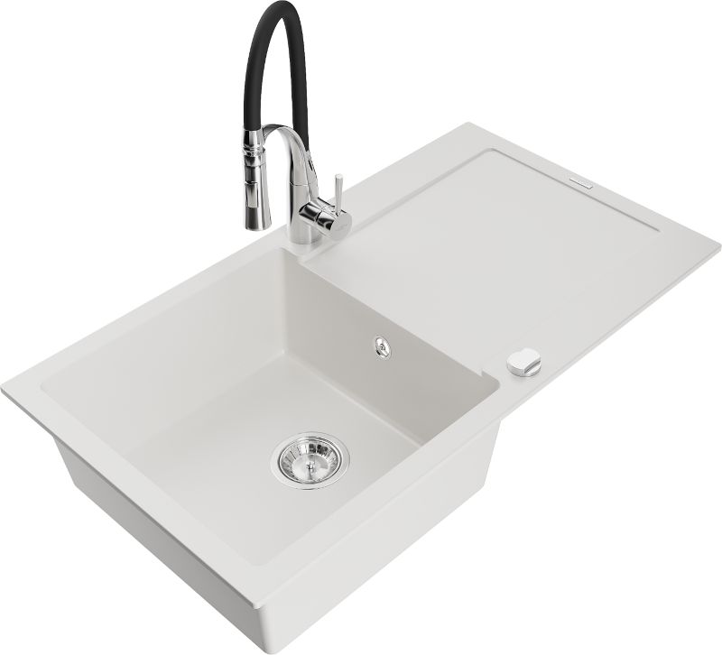 Zlewozmywak granitowy Mexen Leo 1-komorowy z ociekaczem i baterią kuchenną Aster biały - 6501-20-73450-07-B 1 szt.