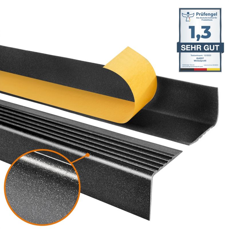 Profil schodowy PCV 50x42mm, QUEST, samoprzylepny antypoślizgowy nosek schodowy, RGP, czarny-srebrny, 1.3m