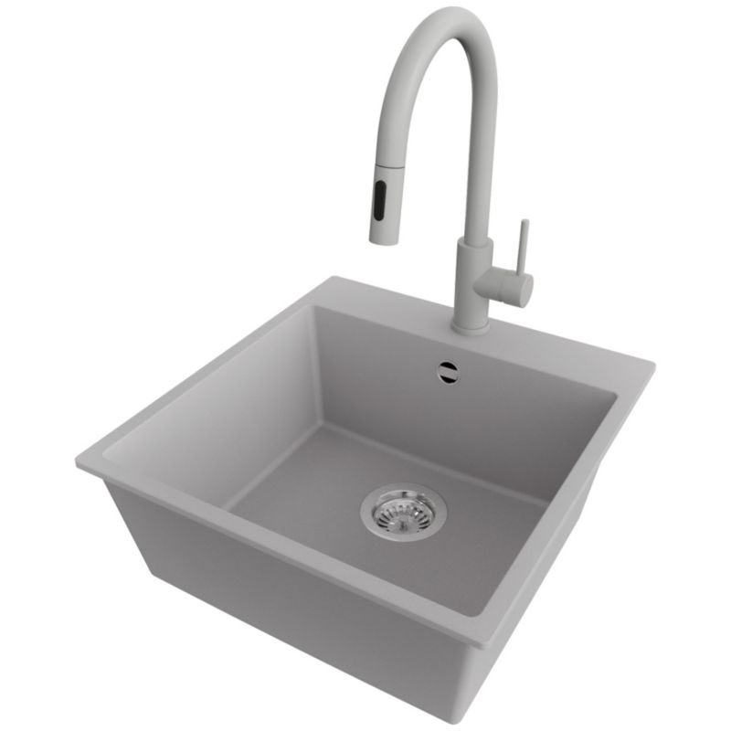 Zlewozmywak Granitowy Ryga PRIMAGRAN Nablatowy 48x50cm do szafki od 50cm, Szary + Bateria 40x20cm + Syfon, S237, 1 szt.