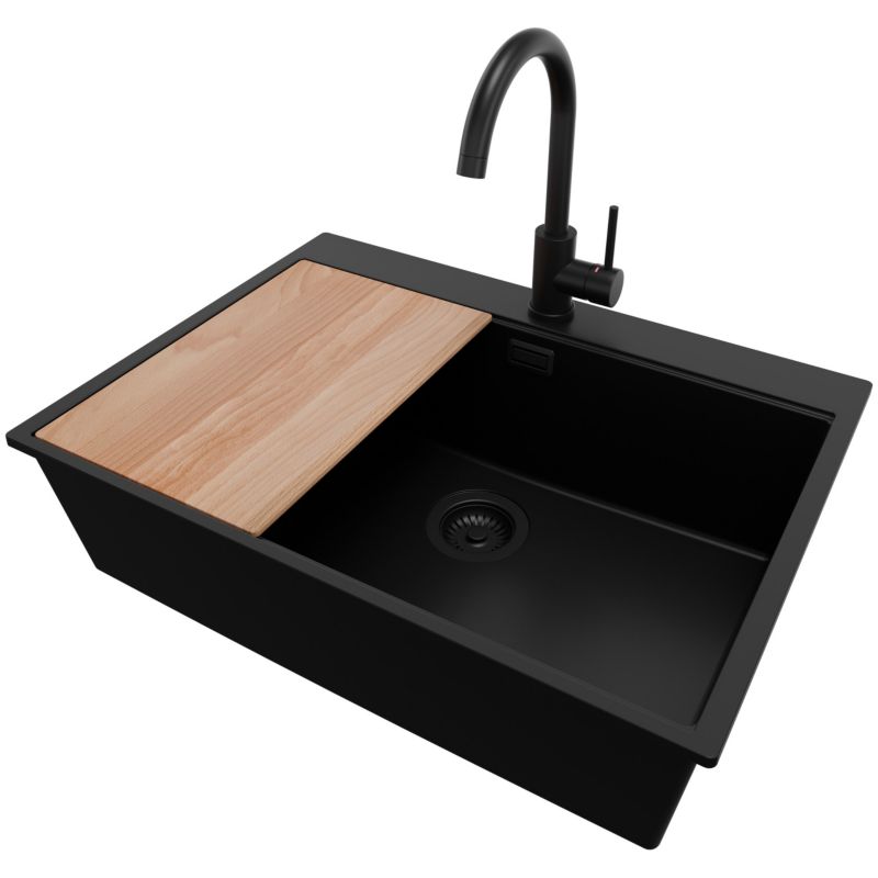 Zlewozmywak Granitowy Oslo PRIMAGRAN Nablatowy 68x50cm do szafki od 70cm, Cały Czarny + Bateria + Syfon + Deska, S502, 1 szt.