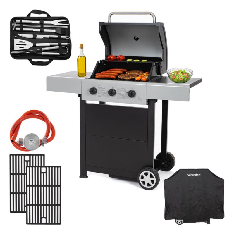 Ogrodowy grill gazowy Warmtec BlackFlame 7,2 kW kółka + zestaw sztućców, pokrowiec 1szt