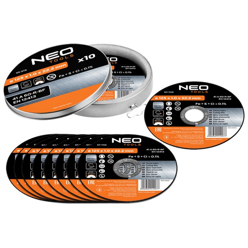 Tarcza tnąca do metalu NEO TOOLS 125 x 1.0 x 22.2 mm, 41 A60-R-BF, INOX, 10 szt. 1 kpl