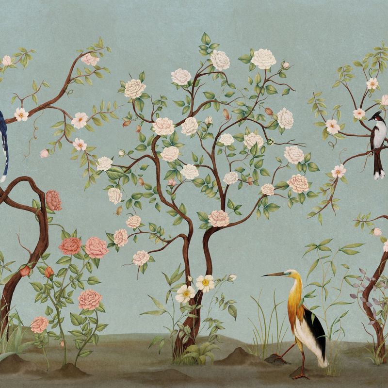 fototapeta Sanders & Sanders kwiaty i ptaki jasnoniebieskim 424 x 280 cm - 1 rol.