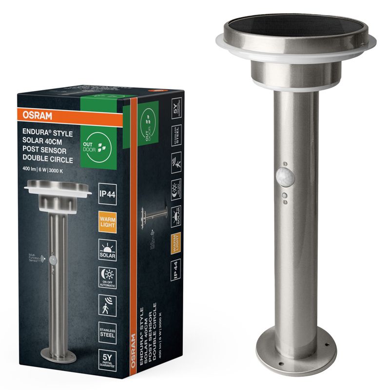Lampa Solarna Osram Słupek Zewnętrzny z Czujnikiem Ruchu i Zmierzchu 6W 400lm 3000K Ściemnialna Aluminium IP44 1 szt.