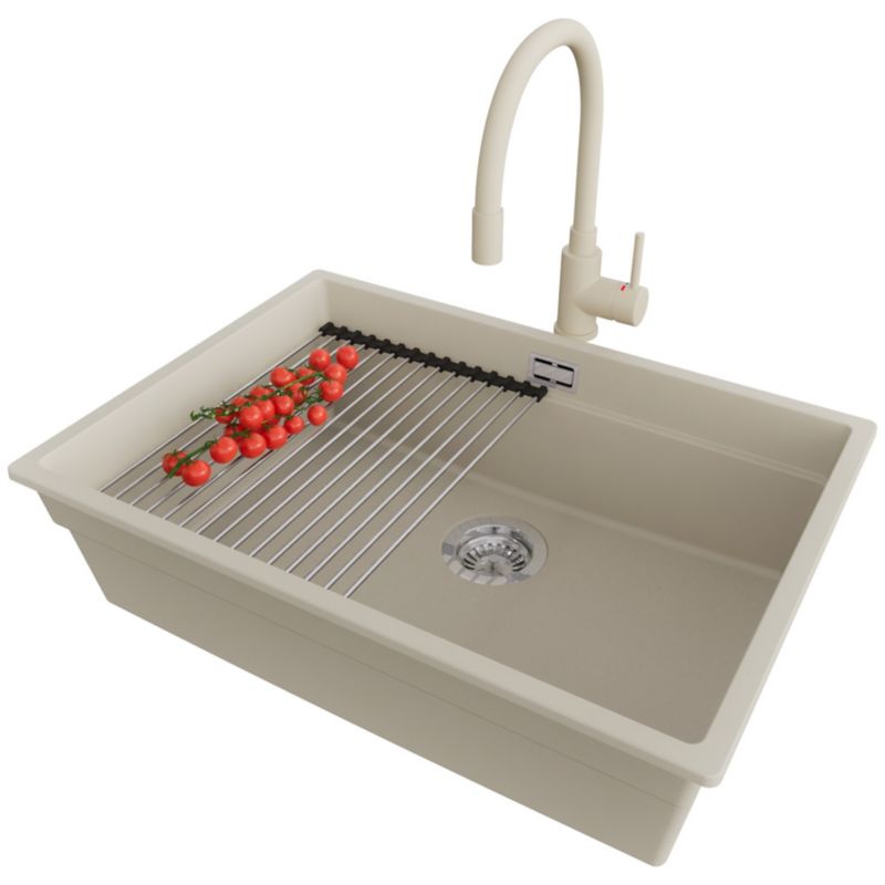 Zlewozmywak Granitowy Praga Slim PRIMAGRAN Nablatowy 66x47cm, Beżowy + Bateria + Syfon + Akcesorium, S456, 1 szt.