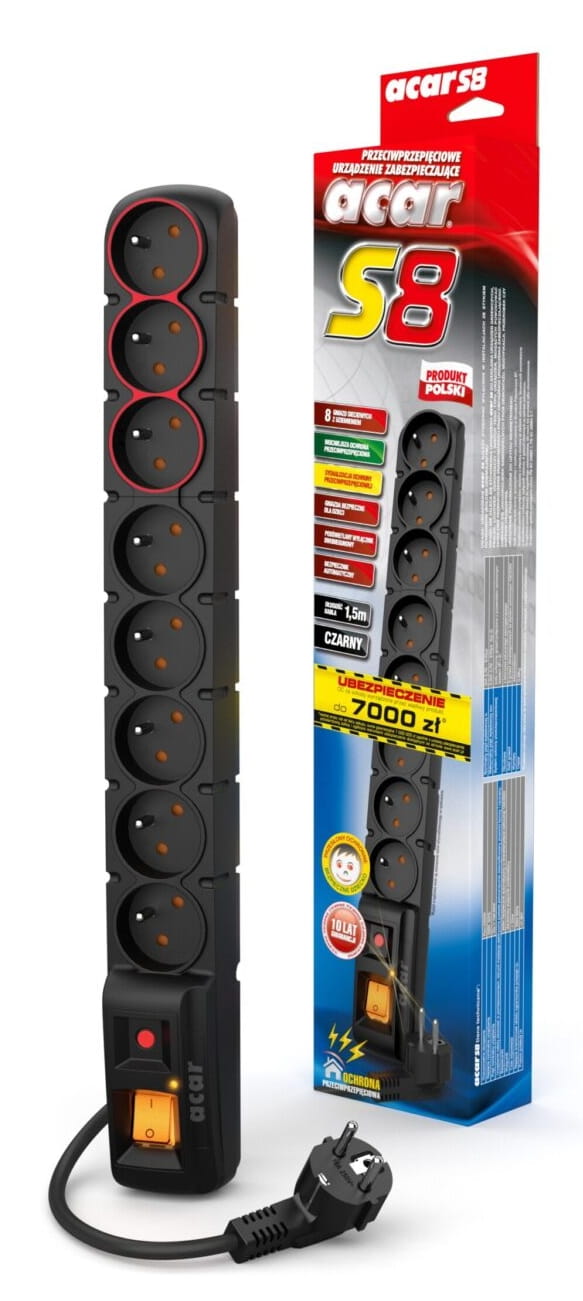 ACAR S8 DUAL Listwa zasilająca 1,5m W1749 (8 GNIAZD) - Henryx24