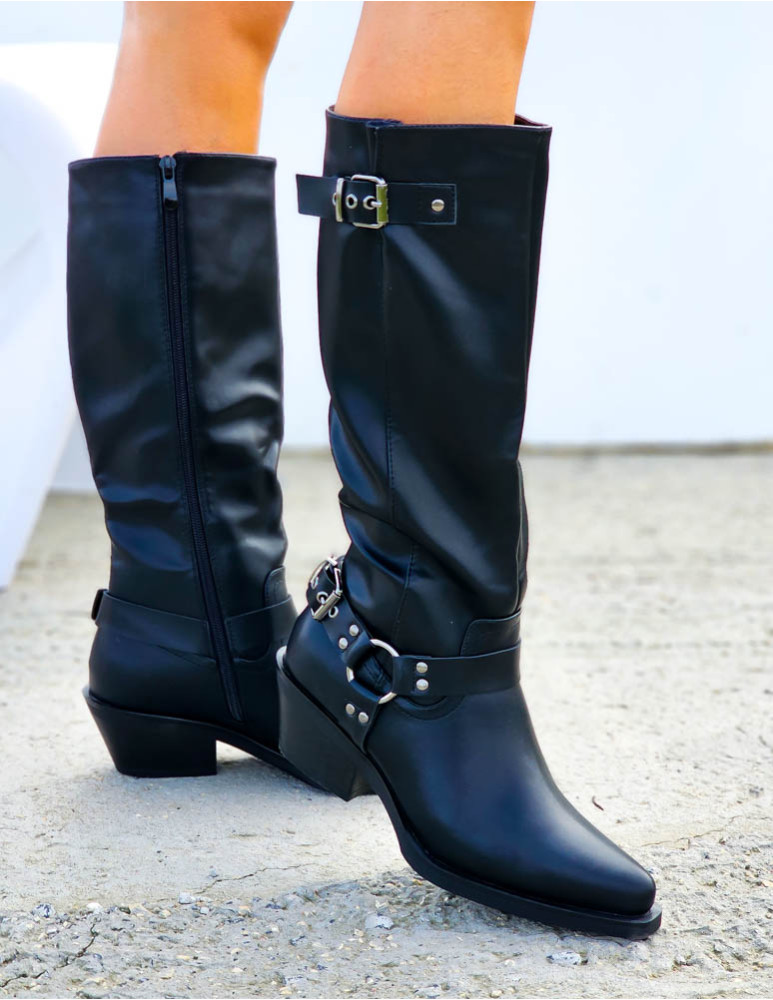 Czarne Skórzane Botki Kozaki Kowbojki My Step