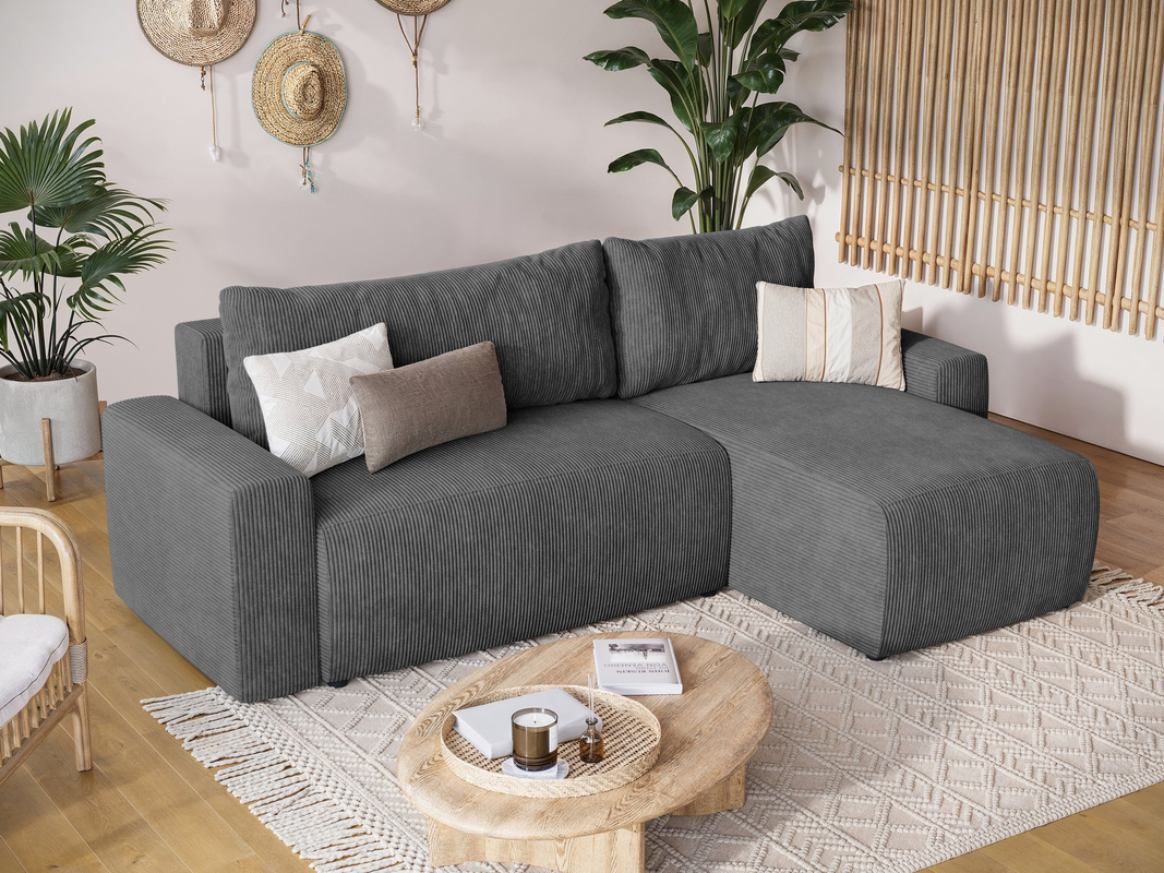 Szara kanapa narożna z funkcją spania i pojemnikiem PLUSH L sztruks
