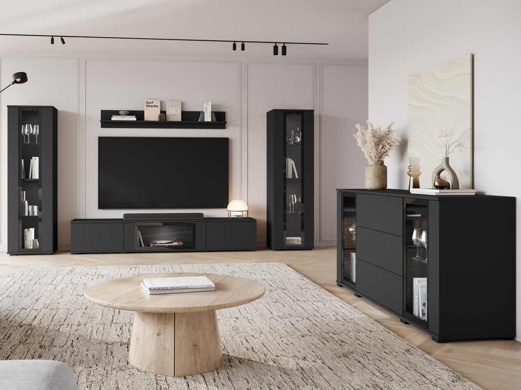 Czarny zestaw mebli do salonu z komodą CAVIO