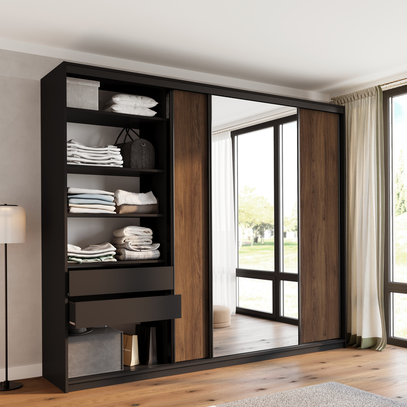 Duża szafa przesuwna z lustrem 280 cm do sypialni LOFT MAX orzech