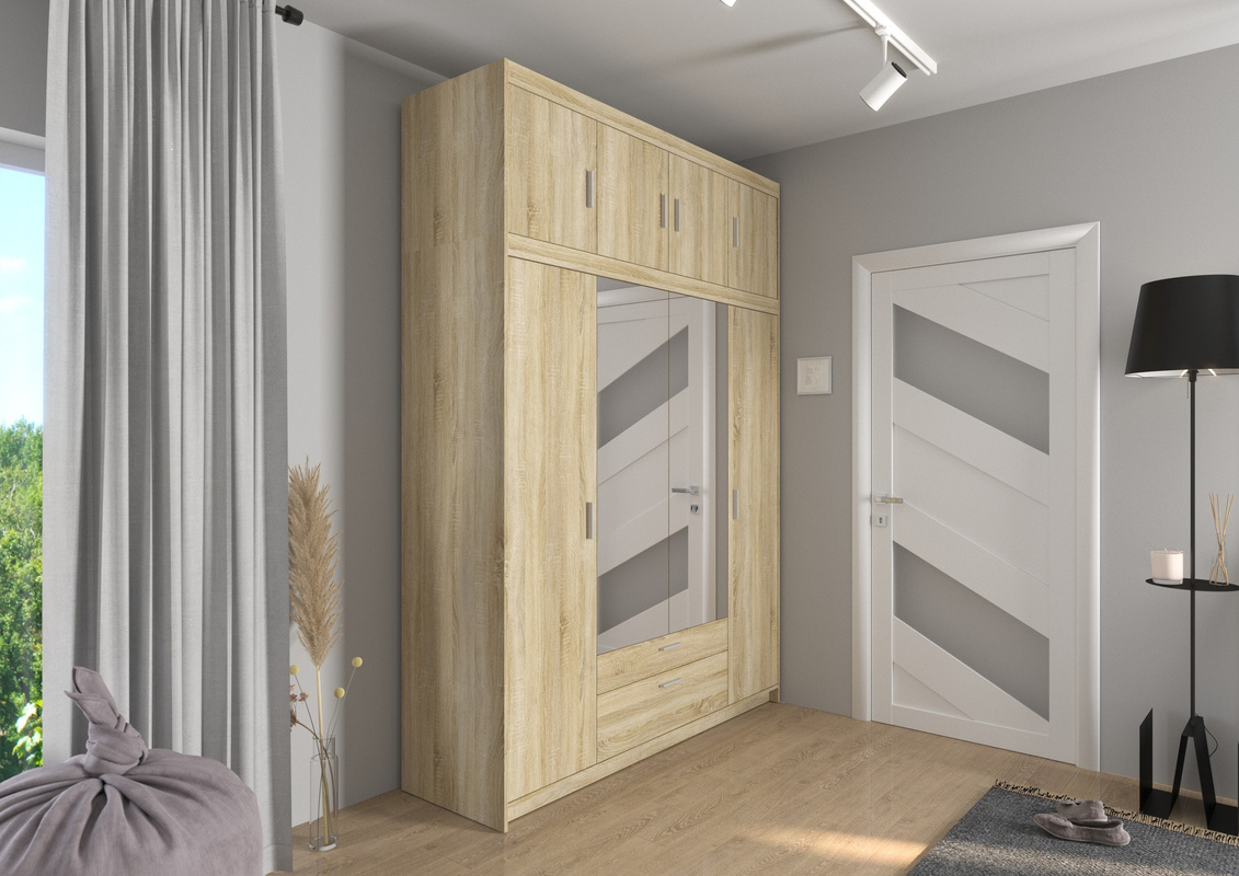 Szafa czterodrzwiowa z nadstawką z lustrami dąb sonoma KUBA