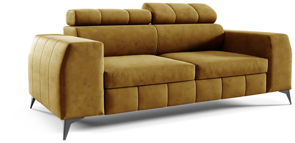 Musztardowa kanapa dwuosobowa do salonu z regulowanymi zagłówkami SOFFO