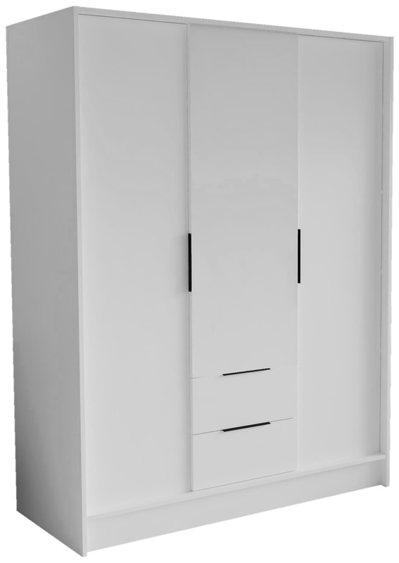 Biała trzydrzwiowa szafa uchylna 150 cm z półkami NUBIA