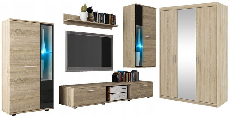 Meblościanka z szafą trzydrzwiową z lustrem sonoma KUBA