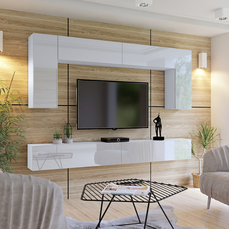 Biała meblościanka do salonu 280 cm PREMIUM