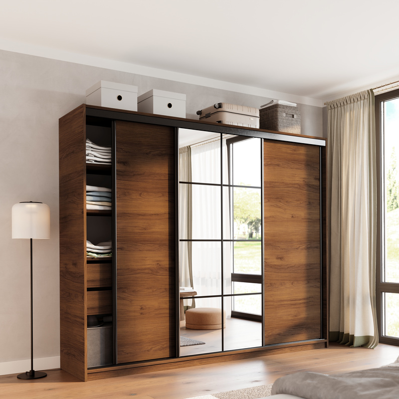 Duża szafa przesuwna z lustrem 250 cm z szufladami EDGE orzech