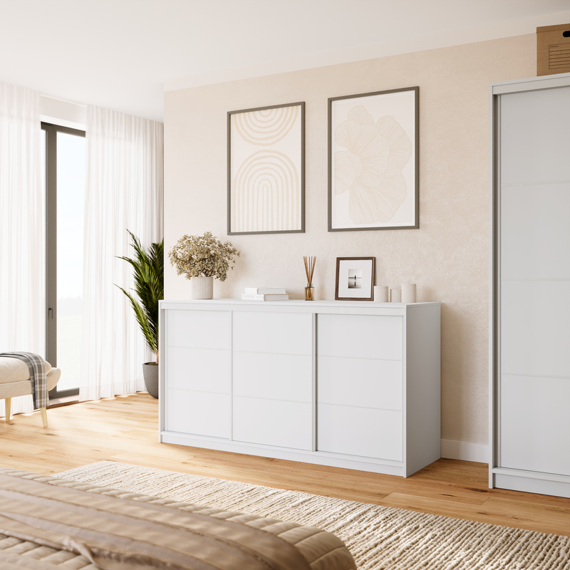 Biała komoda przesuwna z szufladami do sypialni 180 cm VITA