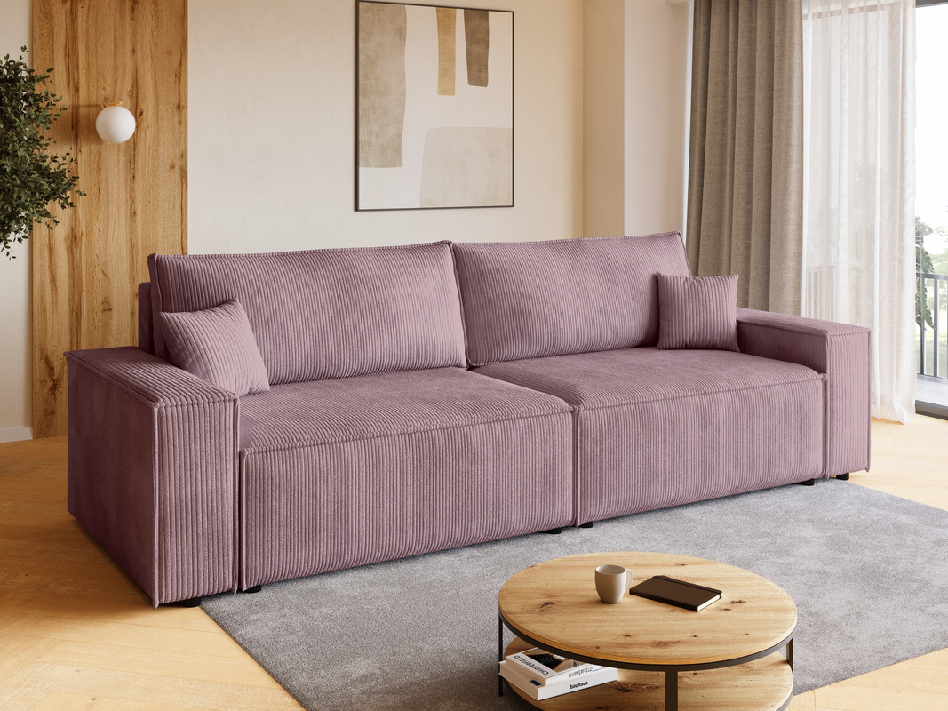 Różowa kanapa z funkcją spania i pojemnikiem na pościel ADI