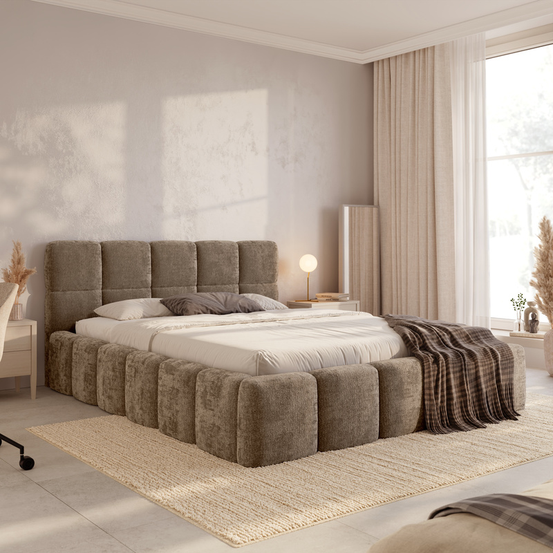 Brązowe łóżko 140x200 z pojemnikiem tapicerowane CUDDY do sypialni