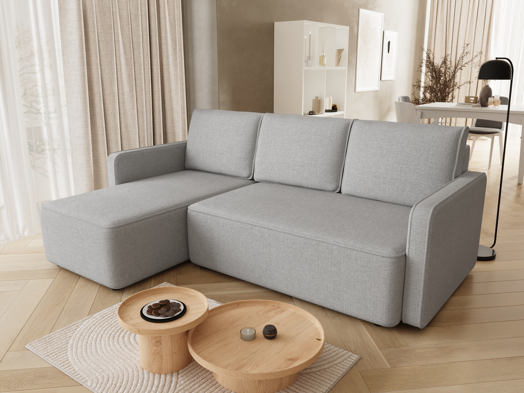 Szary mały narożnik z funkcją spania do salonu QULIO pojemnik