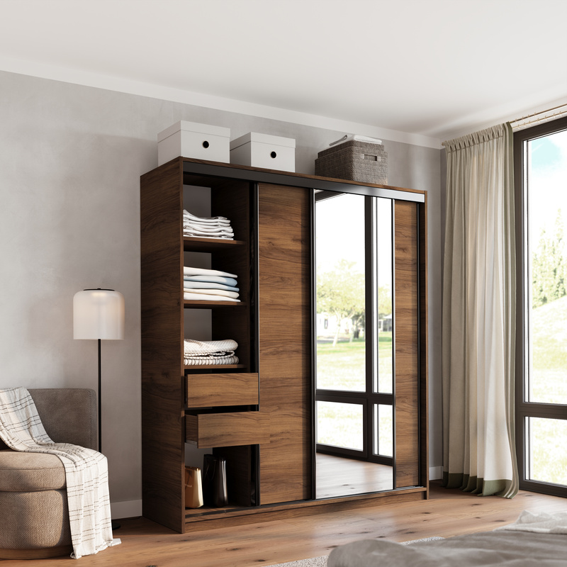 Szafa przesuwna z lustrem 180 cm do sypialni LOFT orzech