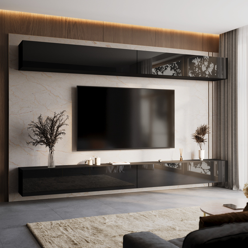 Meblościanka do salonu 350 cm PREMIUM czarny połysk