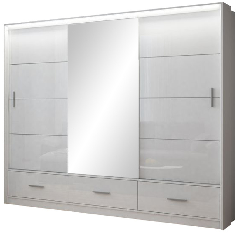 Biała szafa przesuwna 250 cm z lustrem i półkami MESTRE połysk