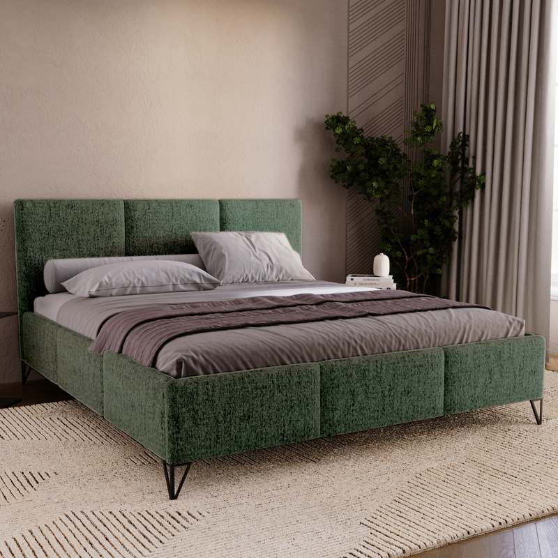 Zielone łóżko tapicerowane LORIO 140x200 cm z pojemnikiem
