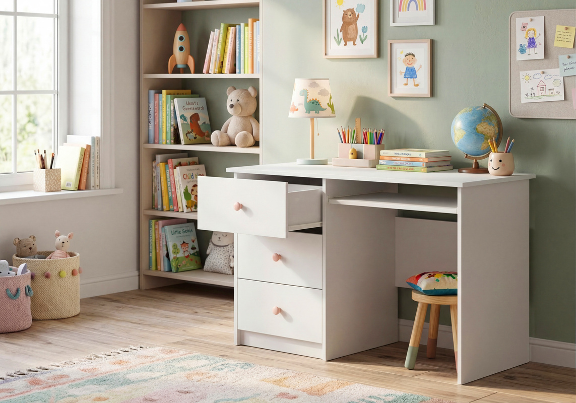 Białe biurko 115 cm z szufladami i półką do pokoju dziecka ORIO