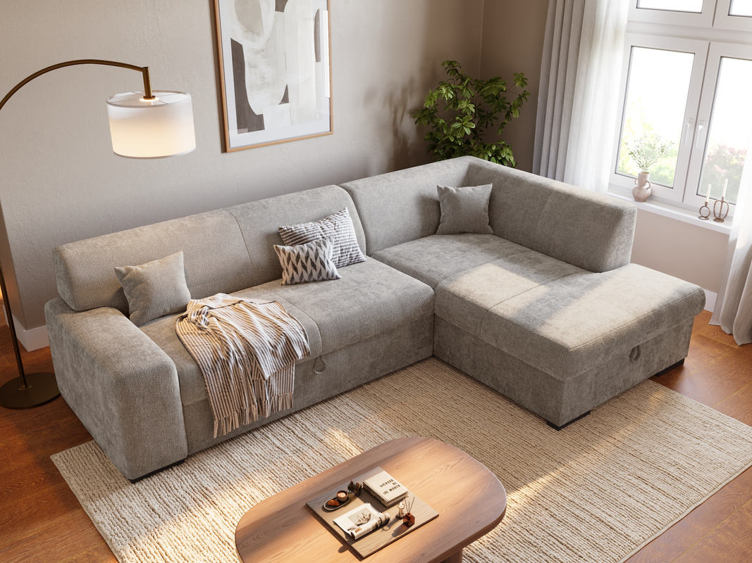 Narożnik do salonu z funkcją spania i pojemnikiem na pościel MILENZO