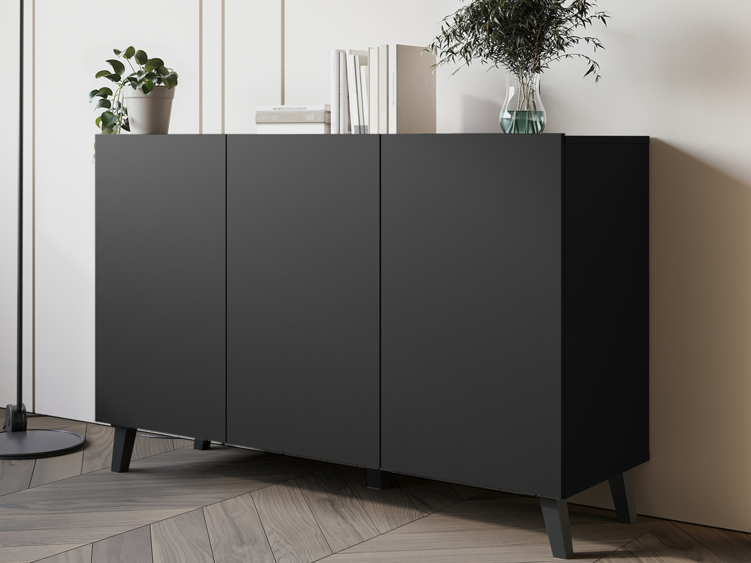 Czarna komoda 120 cm na nóżkach do salonu PUNES trzydrzwiowa