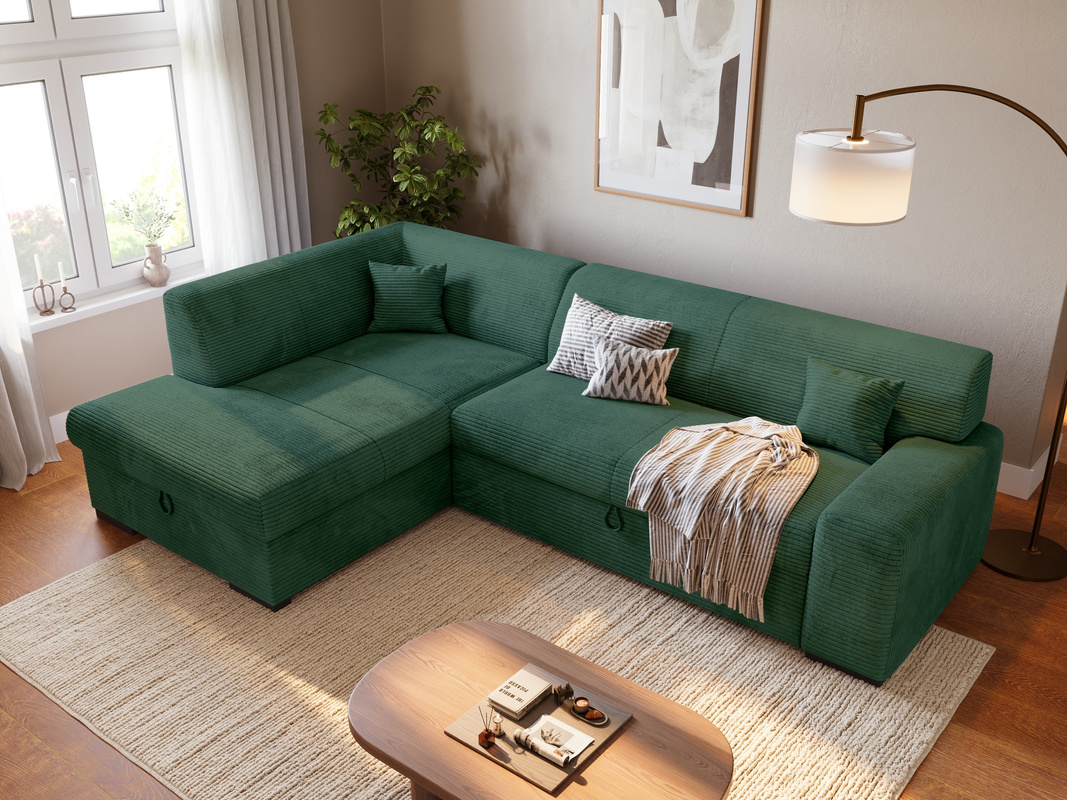 Zielony narożnik z funkcją spania i pojemnikiem do salonu MILENZO sztruks