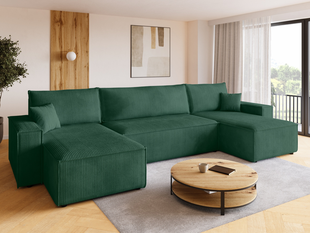 Zielony narożnik z funkcją spania i pojemnikiem do salonu sztruksowy ADI