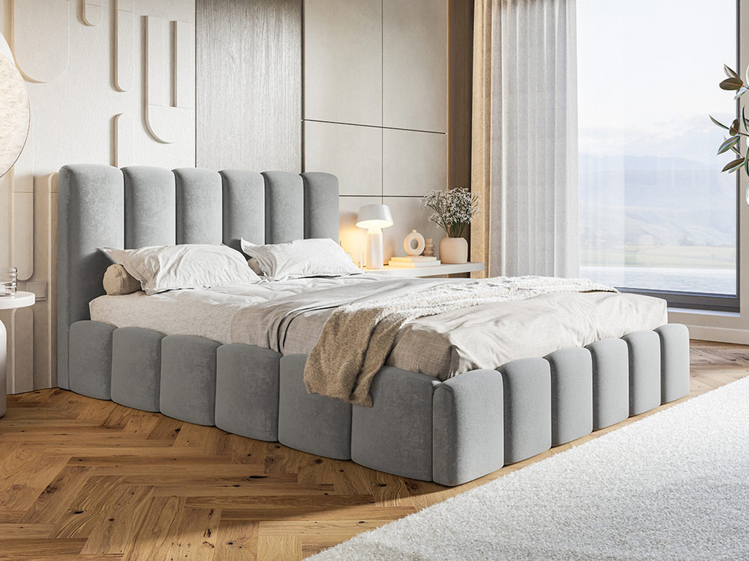Szare tapicerowane łóżko 160x200 cm dwuosobowe z pojemnikiem SALERNO