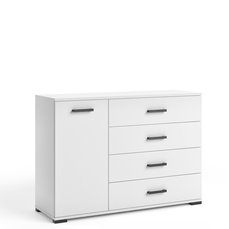 Biała komoda 120 cm do salonu z szufladami FIORA czarne uchwyty
