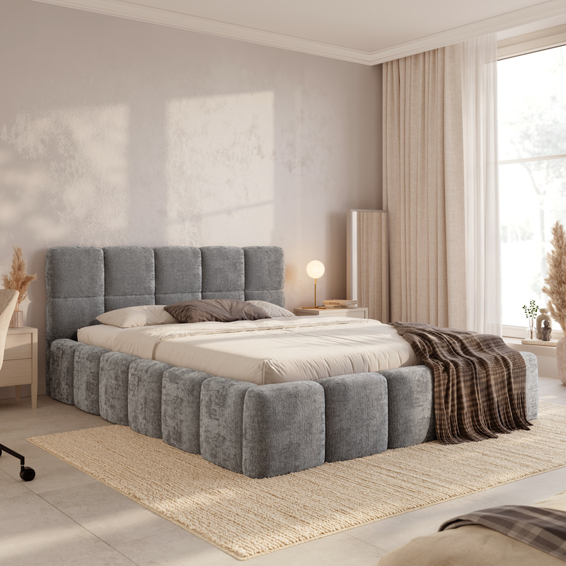 Łóżko 160x200 do sypialni z pojemnikiem tapicerowane CUDDY szare