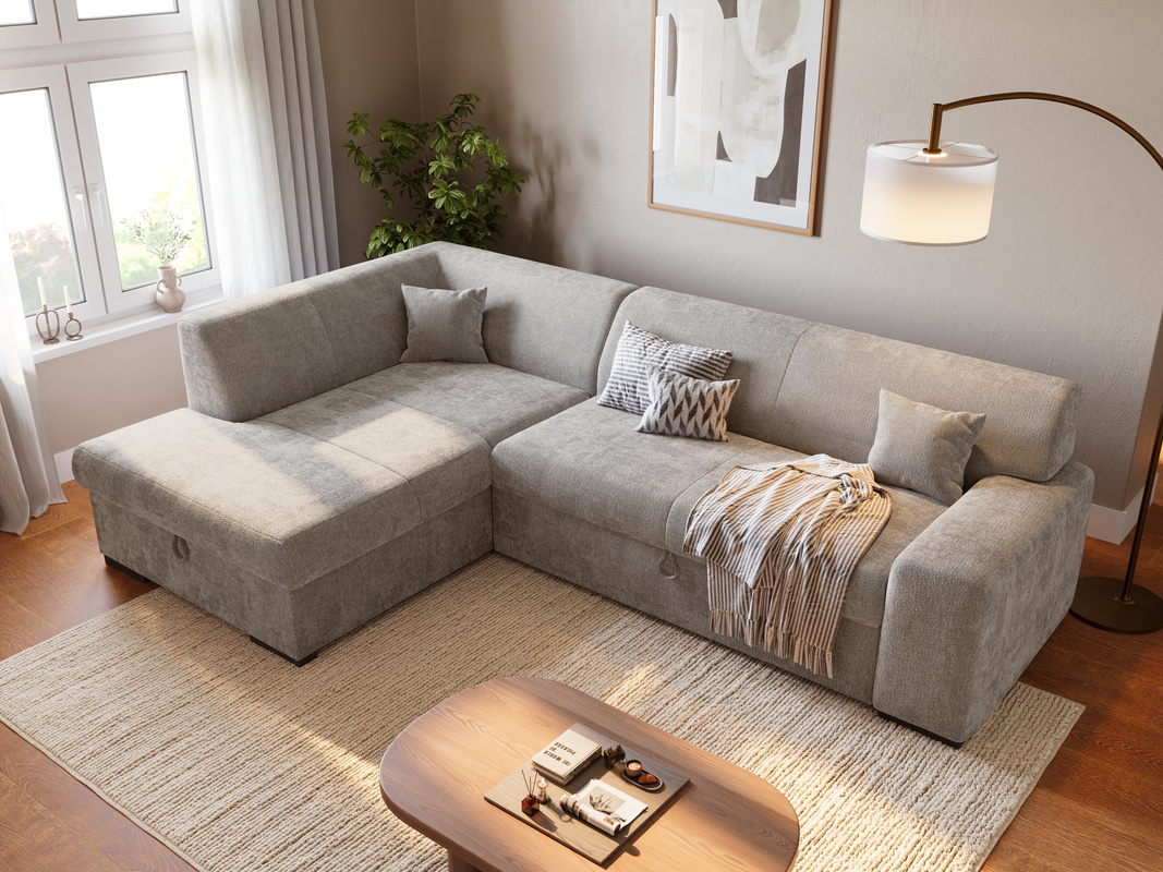 Narożnik do salonu z funkcją spania i pojemnikiem na pościel MILENZO