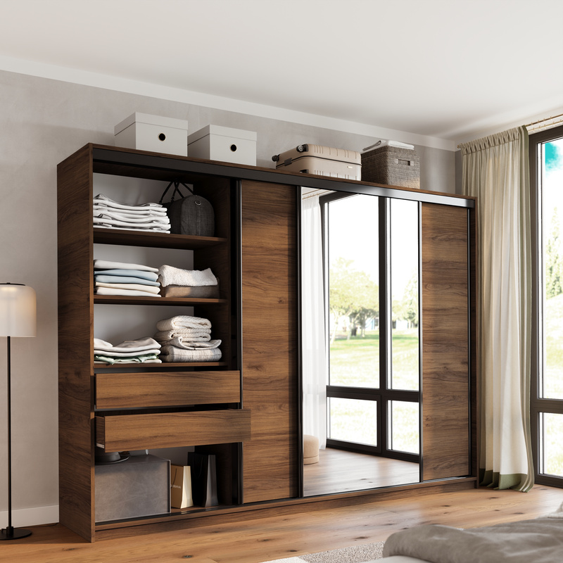 Szafa przesuwna z lustrem 280 cm do sypialni LOFT orzech