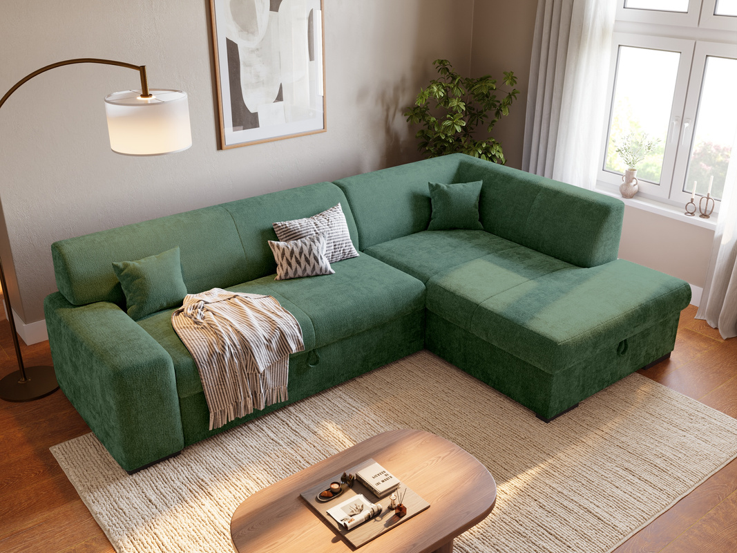 Zielony narożnik do salonu z funkcją spania i pojemnikiem na pościel MILENZO