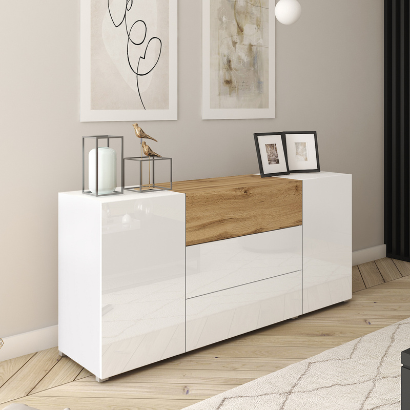 Biała komoda 150 cm do salonu z szufladami BRAVIN