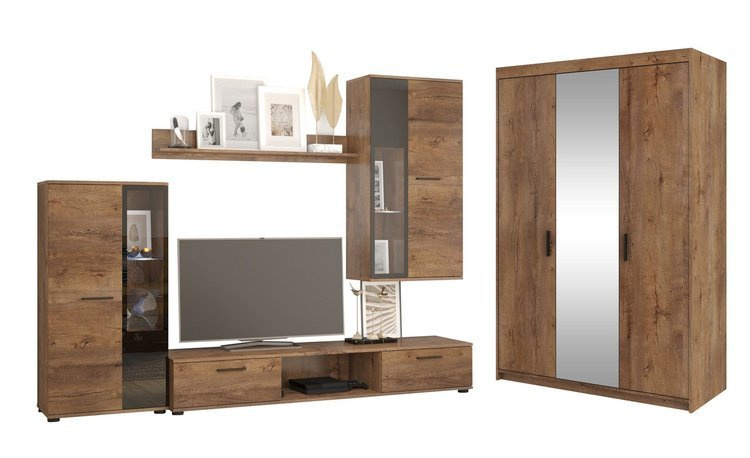 Meblościanka z szafą trzydrzwiową z lustrem dąb lefkas KUBA