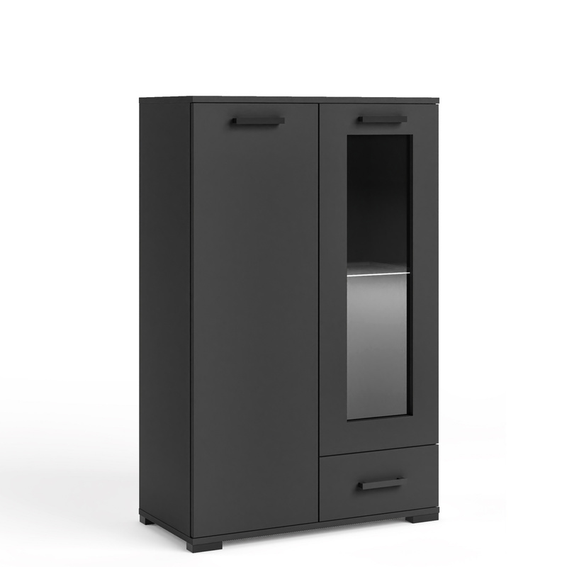 Czarna komoda wysoka 80 cm z witryną do salonu dwudrzwiowa FIORA