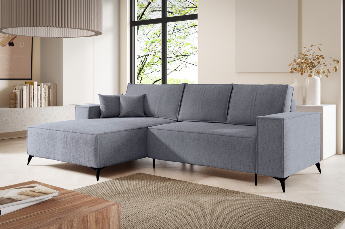 Rozkładany narożnik szary do salonu na nóżkach z funkcją spania APOLLO