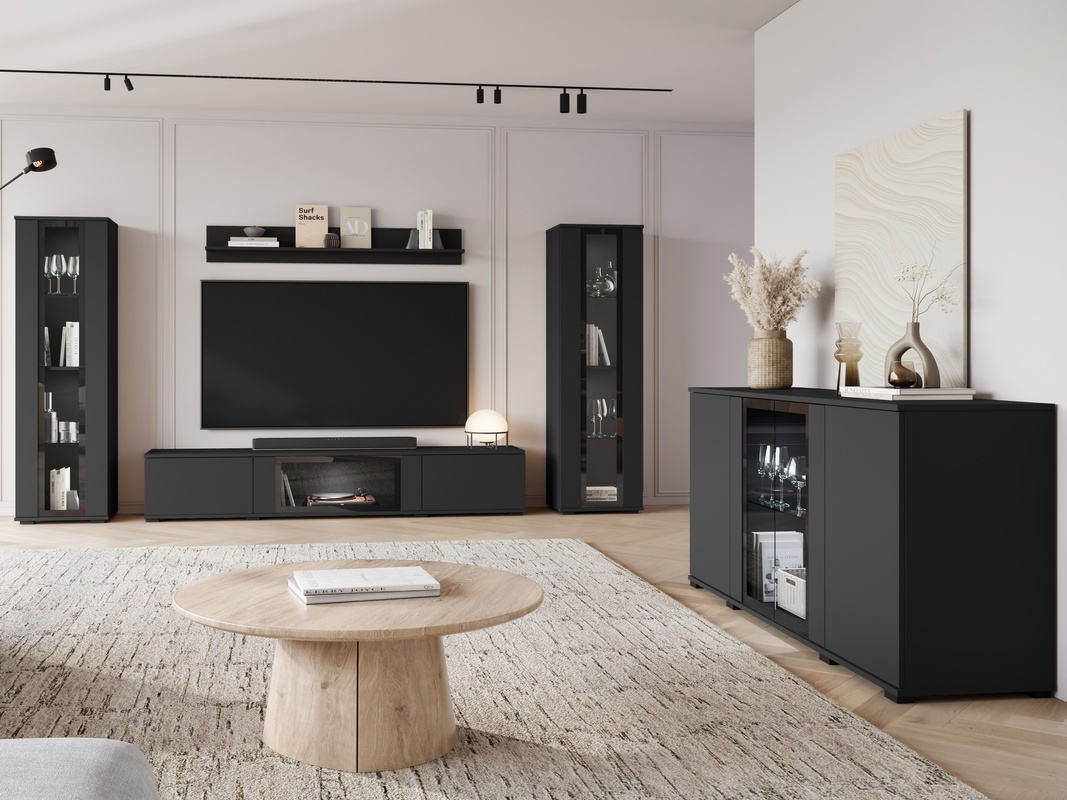 Czarna meblościanka do salonu z komodą CAVIO nowoczesna