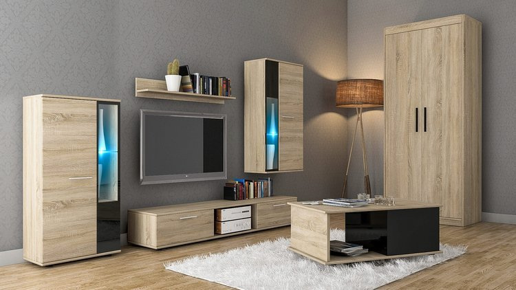 Meblościanka z szafą i ławą dąb sonoma KUBA