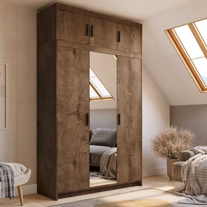 Trzydrzwiowa szafa z lustrem z nadstawką 133 cm dąb lefkas KUBA