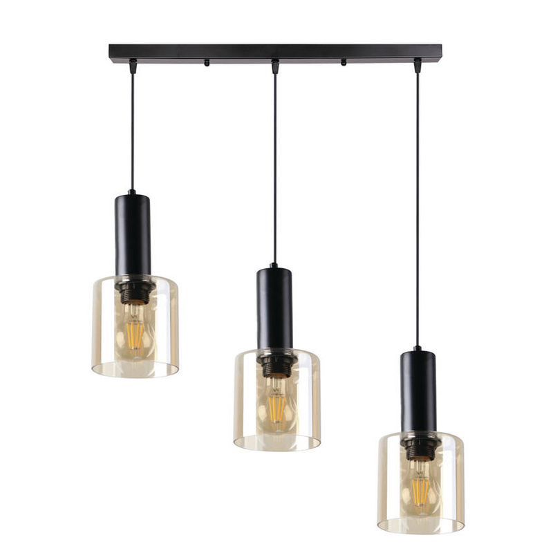 Czarna lampa wisząca z kloszem bursztynowym do salonu ISAR 3-punktowa