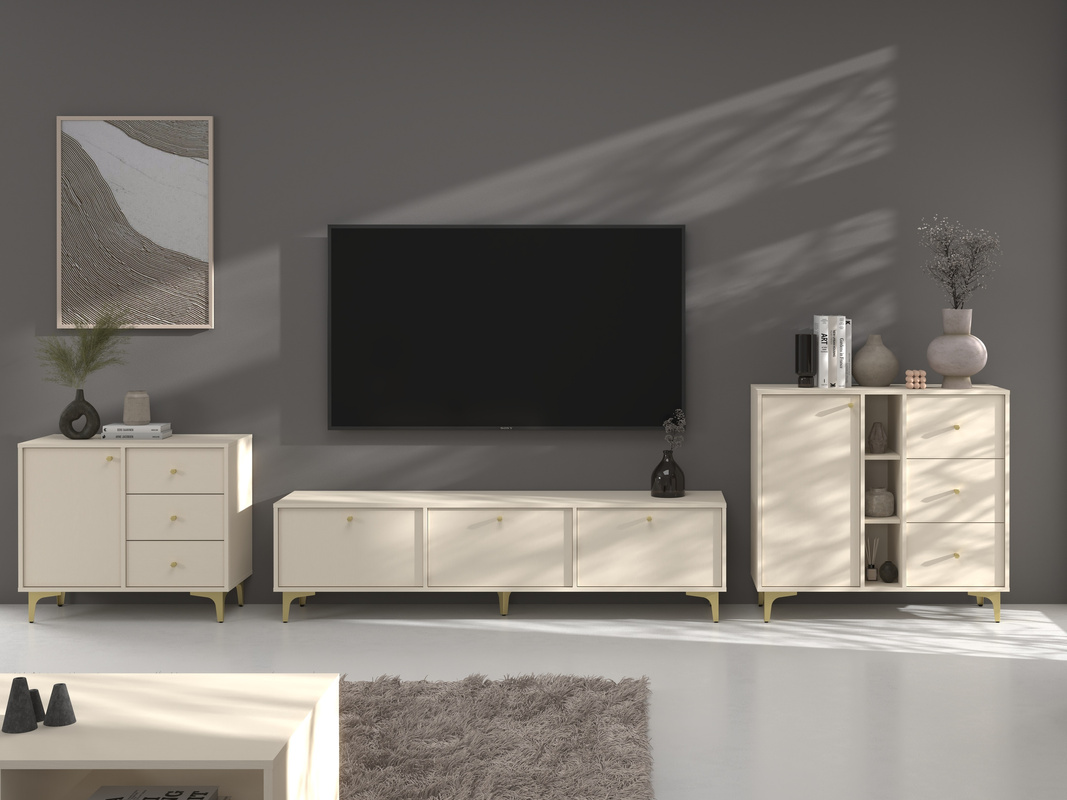 Meblościanka do salonu z komodą i szafką RTV TOKEN beż piaskowy