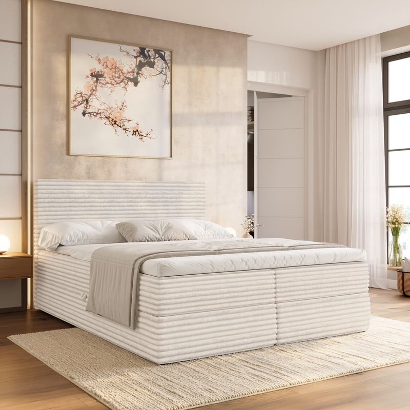 Łóżko kontynentalne 140x200 z pojemnikiem na pościel MILA kremowe